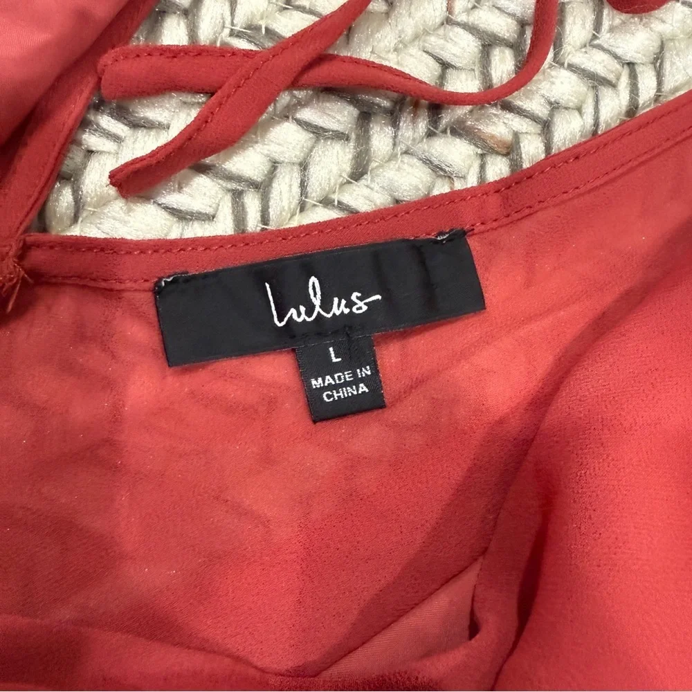 NWOT Lulus Loving Aura Coral Red Smocked Long Flutter Sleeve Top - Picture 5 of 8